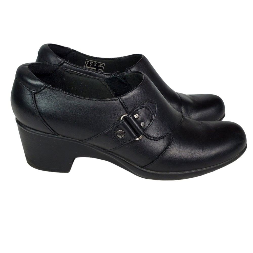 Clarks 15260 Black Leather Side Zip Ankle Booties Womens Sz 7.5 Mule Cushion